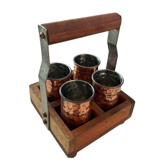Hammered Copper Shot Glasses in Wooden Caddy - Picture 12 of 12